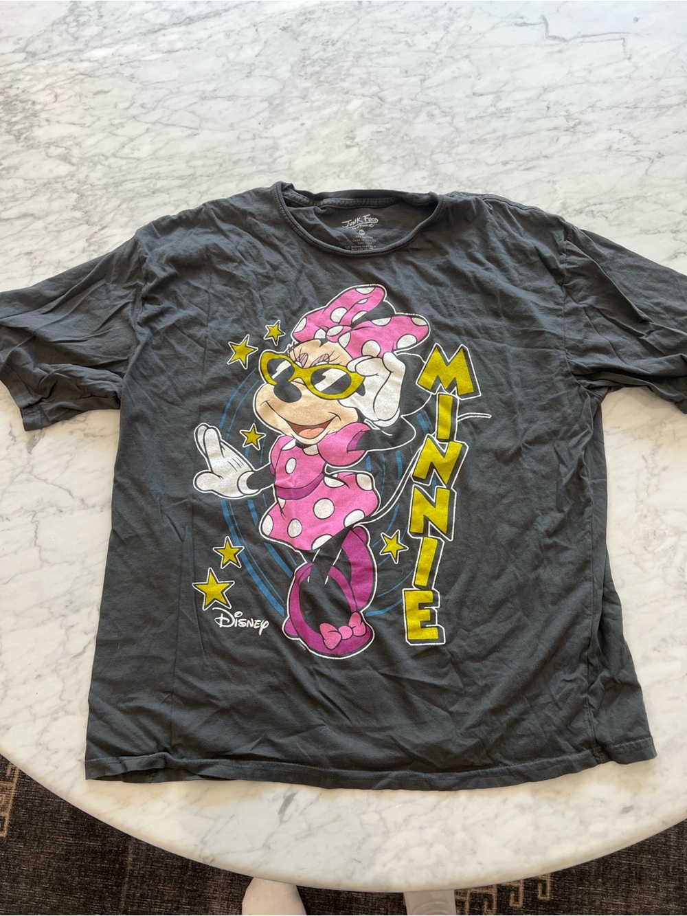 Junk Food Clothing Charcoal Tee with Pink & Yellow Minnie Graphic